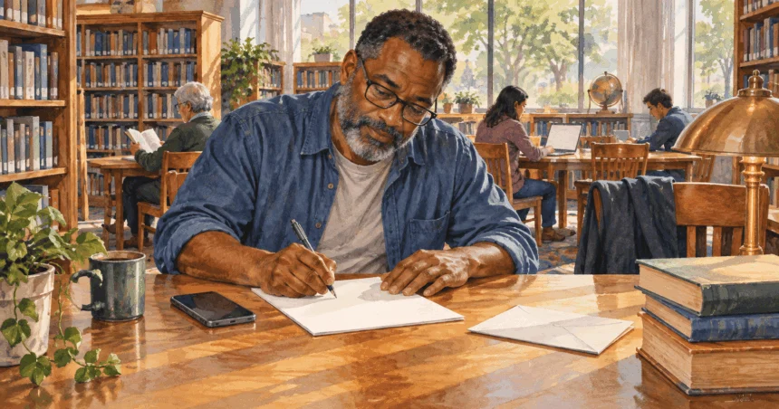 Painted illustration of constituent writing a letter at a public library.