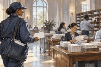 Painted scene of civic correspondence being sorted in a government mailroom.