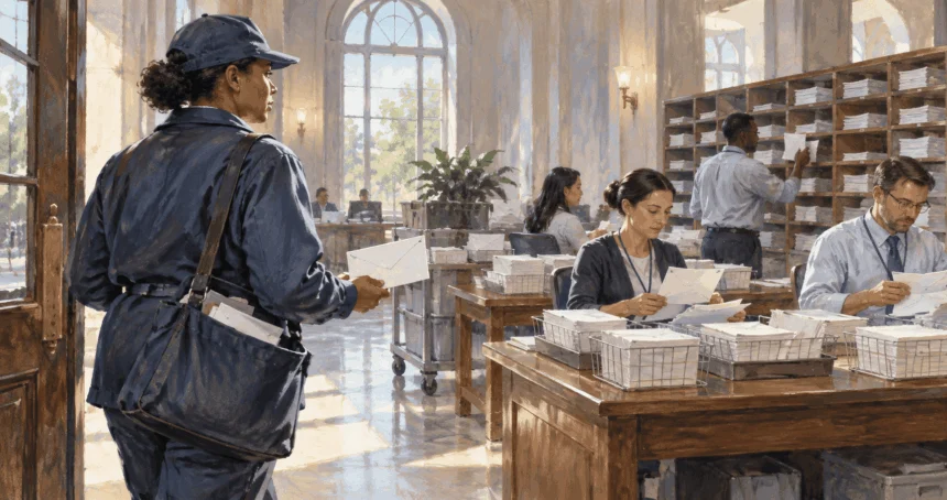 Painted scene of civic correspondence being sorted in a government mailroom.