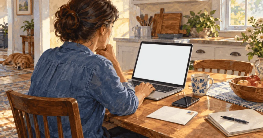 Painted illustration of a resident preparing a message to a government office at home.