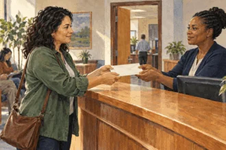 Conceptual painting of a constituent handing a sealed envelope to a state-office receptionist.