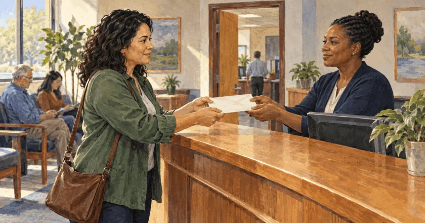 Conceptual painting of a constituent handing a sealed envelope to a state-office receptionist.