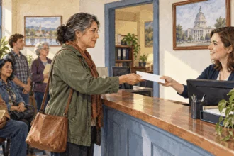Conceptual painting of a constituent delivering a letter to a senator's local office.