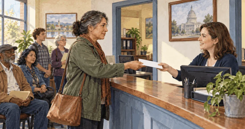 Conceptual painting of a constituent delivering a letter to a senator's local office.