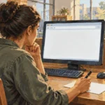 Painted illustration of a constituent preparing a message at a library computer.