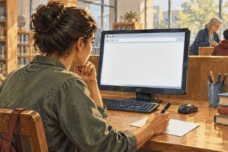 Painted illustration of a constituent preparing a message at a library computer.