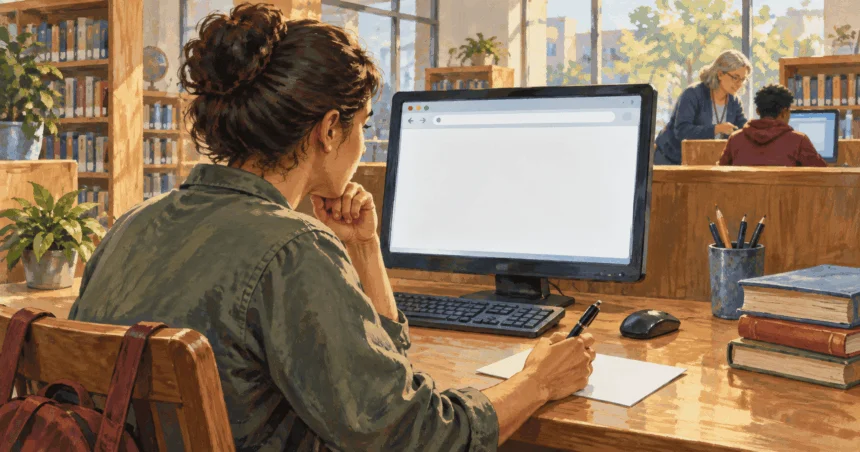 Painted illustration of a constituent preparing a message at a library computer.