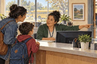 Conceptual painting of a parent and child speaking with a school district receptionist.