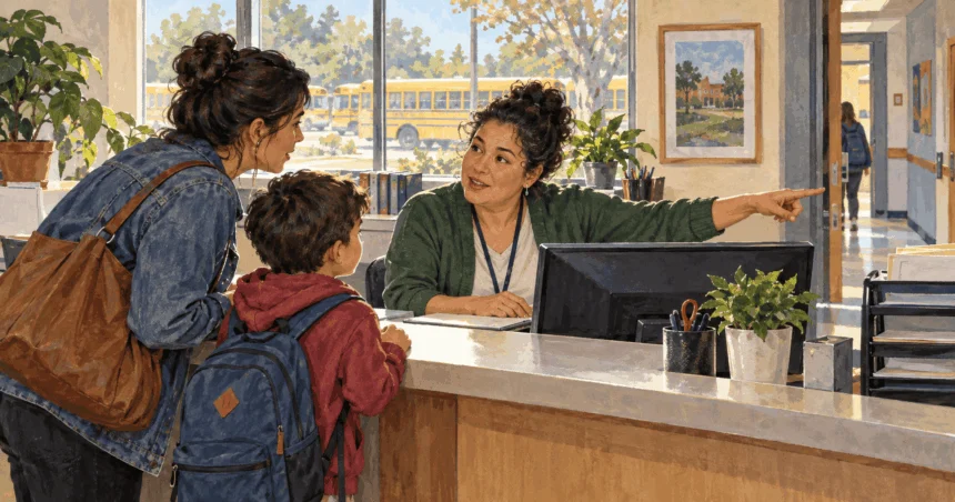 Conceptual painting of a parent and child speaking with a school district receptionist.
