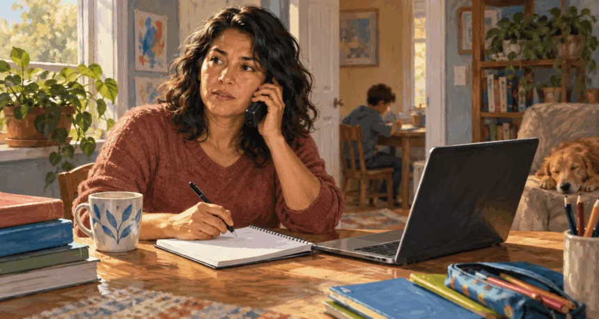 Conceptual painting of a parent calling about an education question.