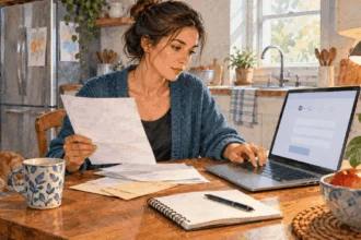 Painted illustration of a consumer preparing to report a suspicious invoice online.