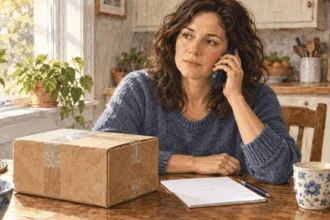 Conceptual painting of a postal customer calling for help beside a sealed parcel.