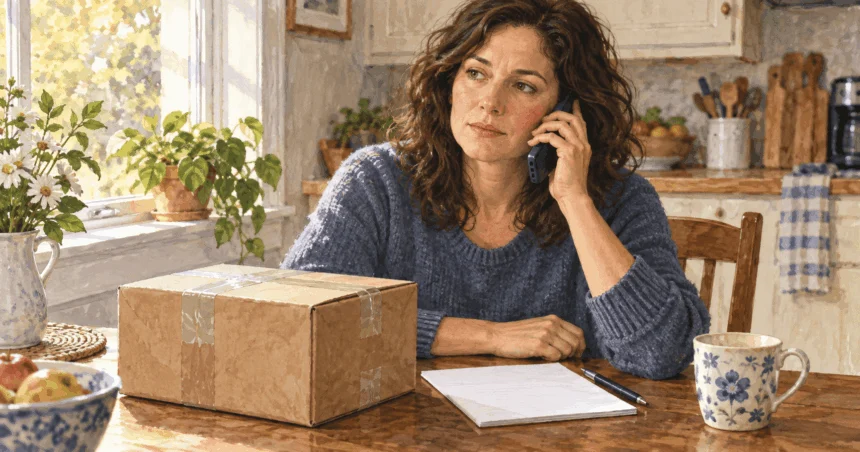 Conceptual painting of a postal customer calling for help beside a sealed parcel.