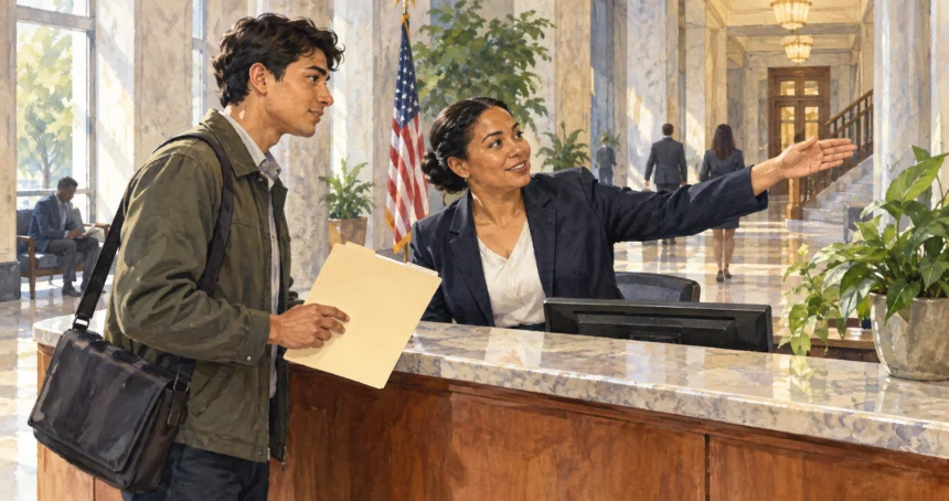 Conceptual painting of a visitor asking a public-service receptionist where to direct an inquiry.