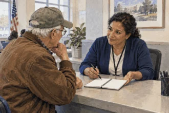 Conceptual painting of retiree sits across from a Social Security service representative at a plain public counter, consulting a blank notebook.