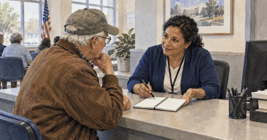 Conceptual painting of retiree sits across from a Social Security service representative at a plain public counter, consulting a blank notebook.