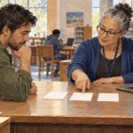 Conceptual painting of a librarian helping a resident sort blank service cards to find the right government contact.