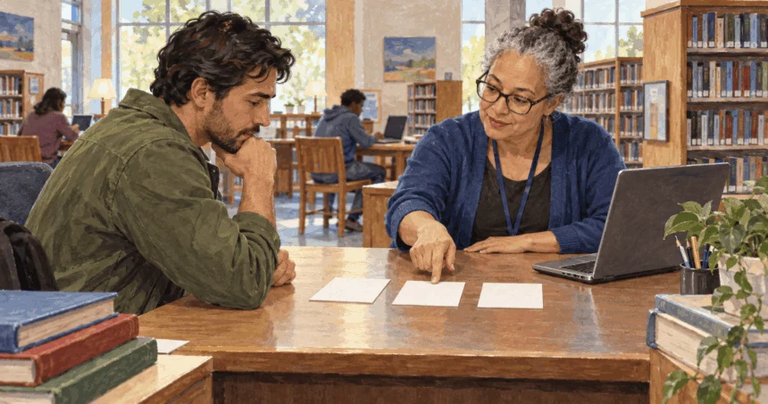Conceptual painting of a librarian helping a resident sort blank service cards to find the right government contact.