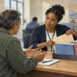 Conceptual painting of a resident seeking help to find the right federal health-service office.