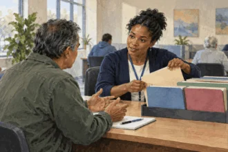 Conceptual painting of a resident seeking help to find the right federal health-service office.