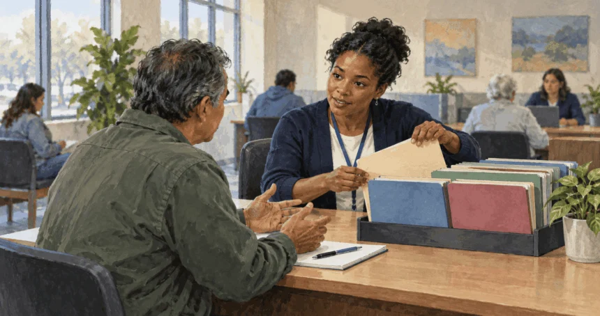 Conceptual painting of a resident seeking help to find the right federal health-service office.