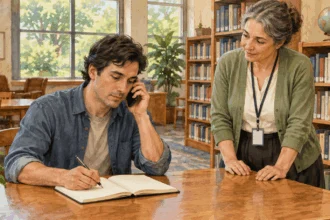 Conceptual watercolor painting of a person seeking public health contact information by phone at a library.