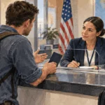 Conceptual painting of a traveler asking a consular clerk for help at a service window.