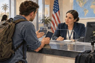 Conceptual painting of a traveler asking a consular clerk for help at a service window.