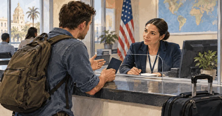 Conceptual painting of a traveler asking a consular clerk for help at a service window.