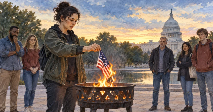 Peaceful protester burning an American flag in a metal container.