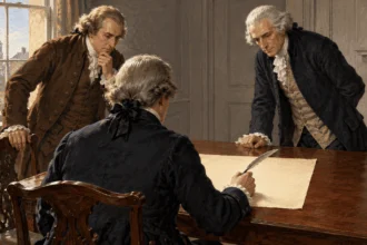 Fictional constitutional-era delegate revises a blank parchment with a quill at a meeting table.