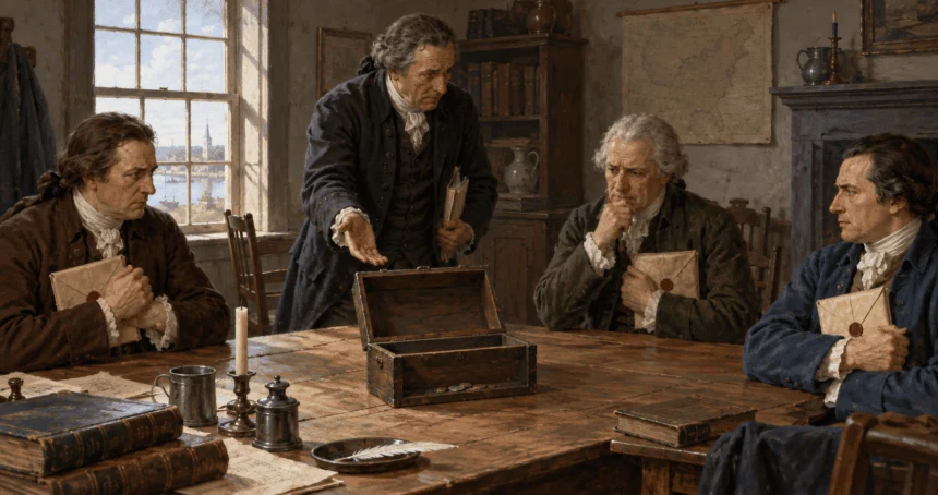 Conceptual painting of anonymous 1780s delegates holding separate state packets beside a nearly empty common cash box.