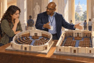 Conceptual painting of a visitor comparing two unmarked chamber models at a civic exhibit.