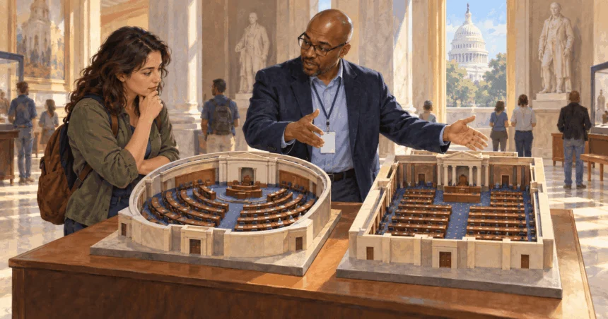 Conceptual painting of a visitor comparing two unmarked chamber models at a civic exhibit.