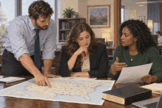 Congressional staff review postal routes and a proposed bill.