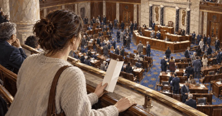 Conceptual painting of a visitor watching a congressional chamber from the public gallery.