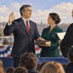 Conceptual painting of a fictional president taking an oath at a public ceremony.