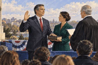 Conceptual painting of a fictional president taking an oath at a public ceremony.
