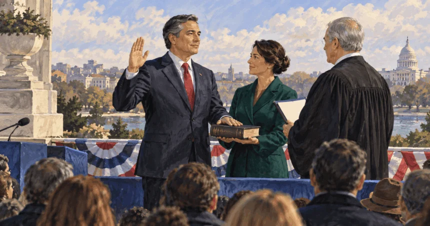 Conceptual painting of a fictional president taking an oath at a public ceremony.