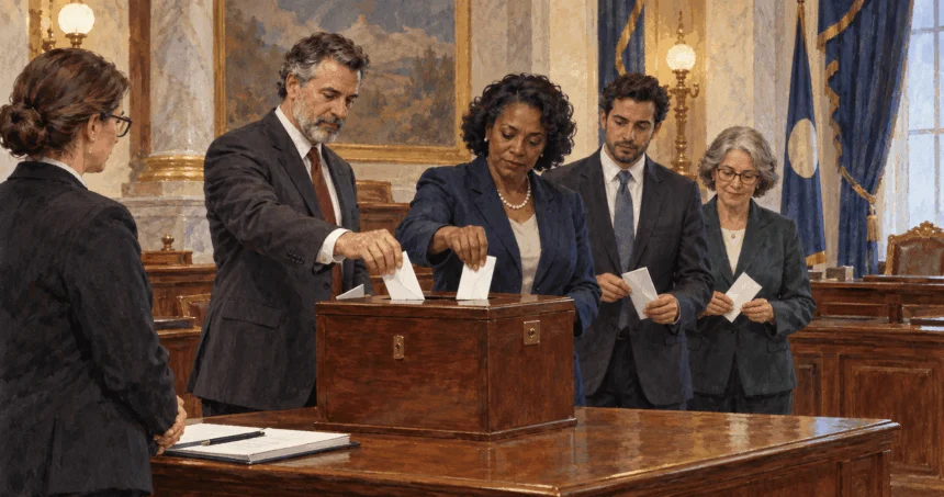 Presidential electors casting ballots in a state capitol.