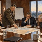 Painted illustration of in a military briefing room, a uniformed officer points to an unlabeled map while civilian lawmakers consider it around a table.