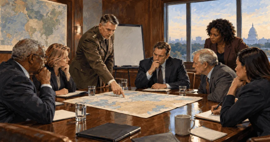 Painted illustration of in a military briefing room, a uniformed officer points to an unlabeled map while civilian lawmakers consider it around a table.