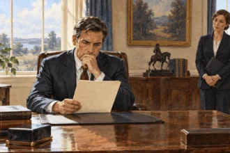 Painted scene of an executive official considering a clemency folder.