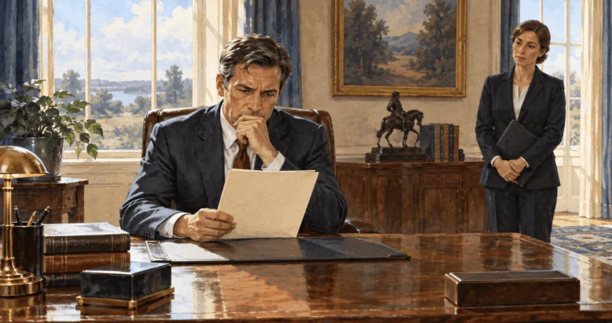 Painted scene of an executive official considering a clemency folder.