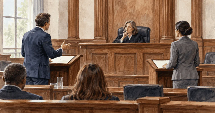 Conceptual watercolor painting of judge hears arguments in a federal courtroom.