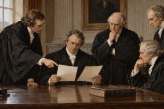 Anonymous early American justices examine legal papers.