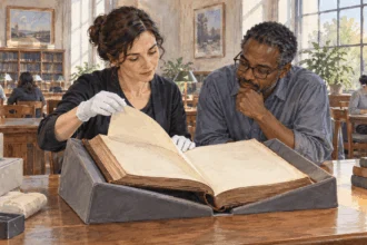 Painted illustration of an archivist consulting a constitutional volume.