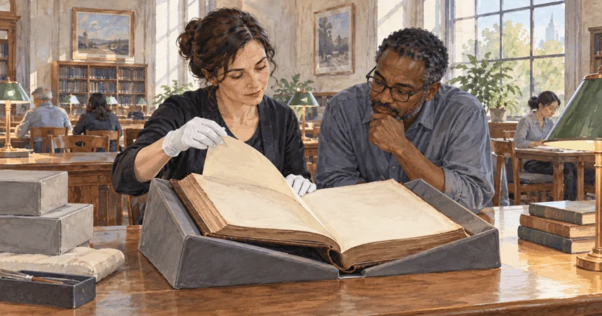 Painted illustration of an archivist consulting a constitutional volume.