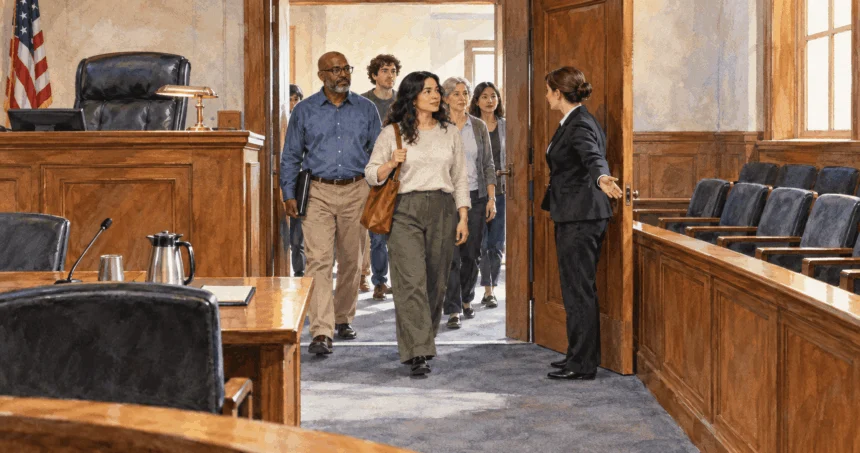 Conceptual painting of prospective jurors entering a courtroom as a deputy holds the door.