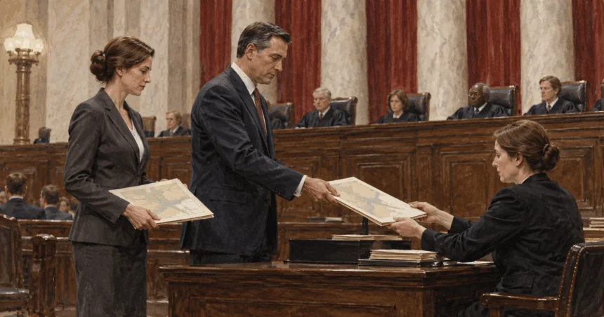 Attorneys for two states submit map folders to a court.